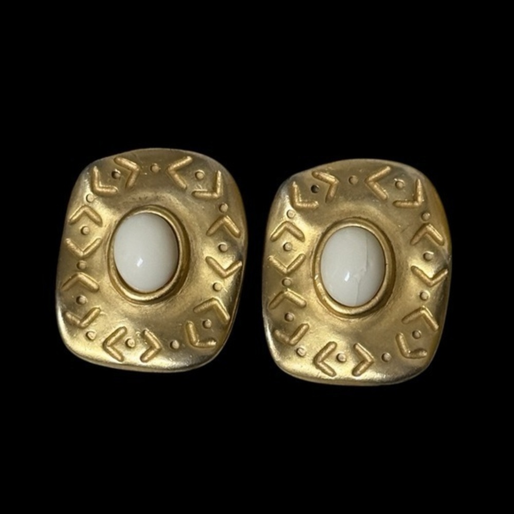 Vintage C. Stein Clip-On Earrings | Matte Gold-Tone with White Cabochon